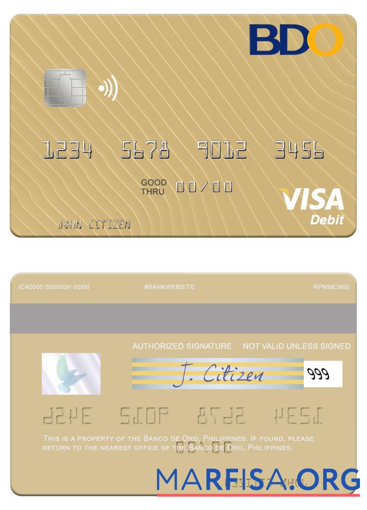 Realistic Philippines Banco de Oro visa debit card template